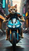 Orange Cat Riding 2000s Super bike Concept AI in Cyberpunk city
