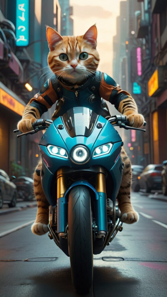 Orange Cat Riding Super bike Concept in Cyberpunk city made with AI by @adi26r